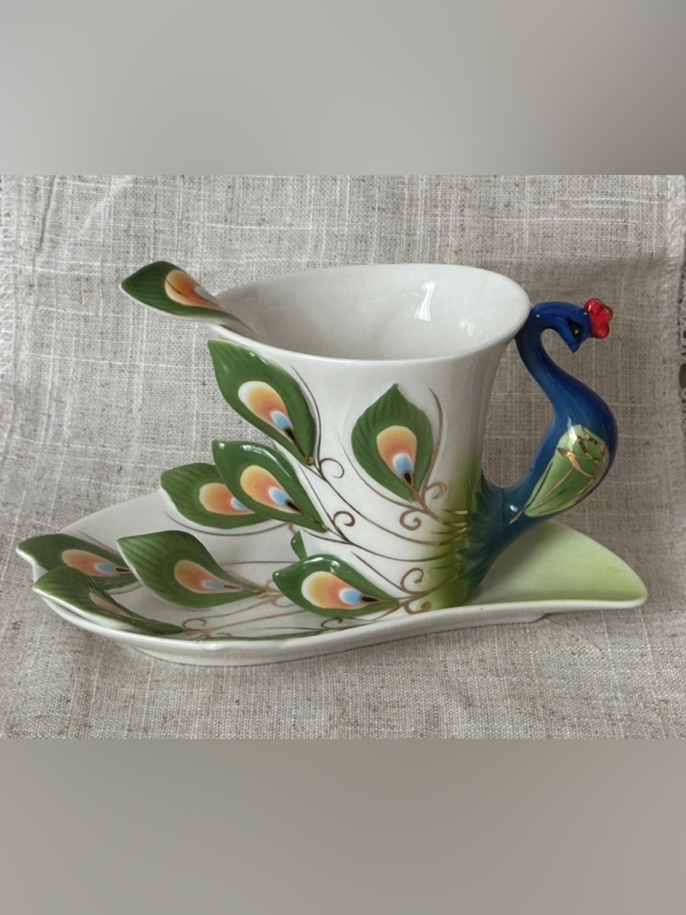 Konitz Peacock one of a kind art 3D Cup/Saucer & Spoon Tea Set Porcelain NWOB
